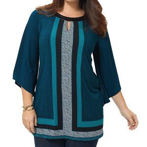 EUC Alfani Faux Leather Trim Black & Teal Printed Tunic Blouse – Size XL